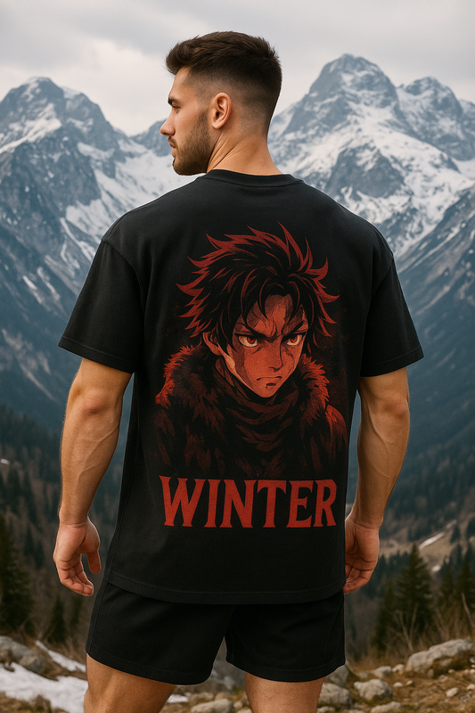 Winter Rage Oversized Anime Tee – Red Frost Warrior Edition