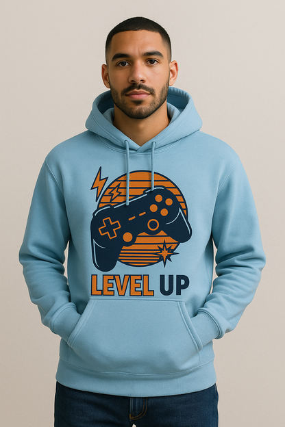 Level Up Retro Gamer Hoodie – Sky Blue Edition