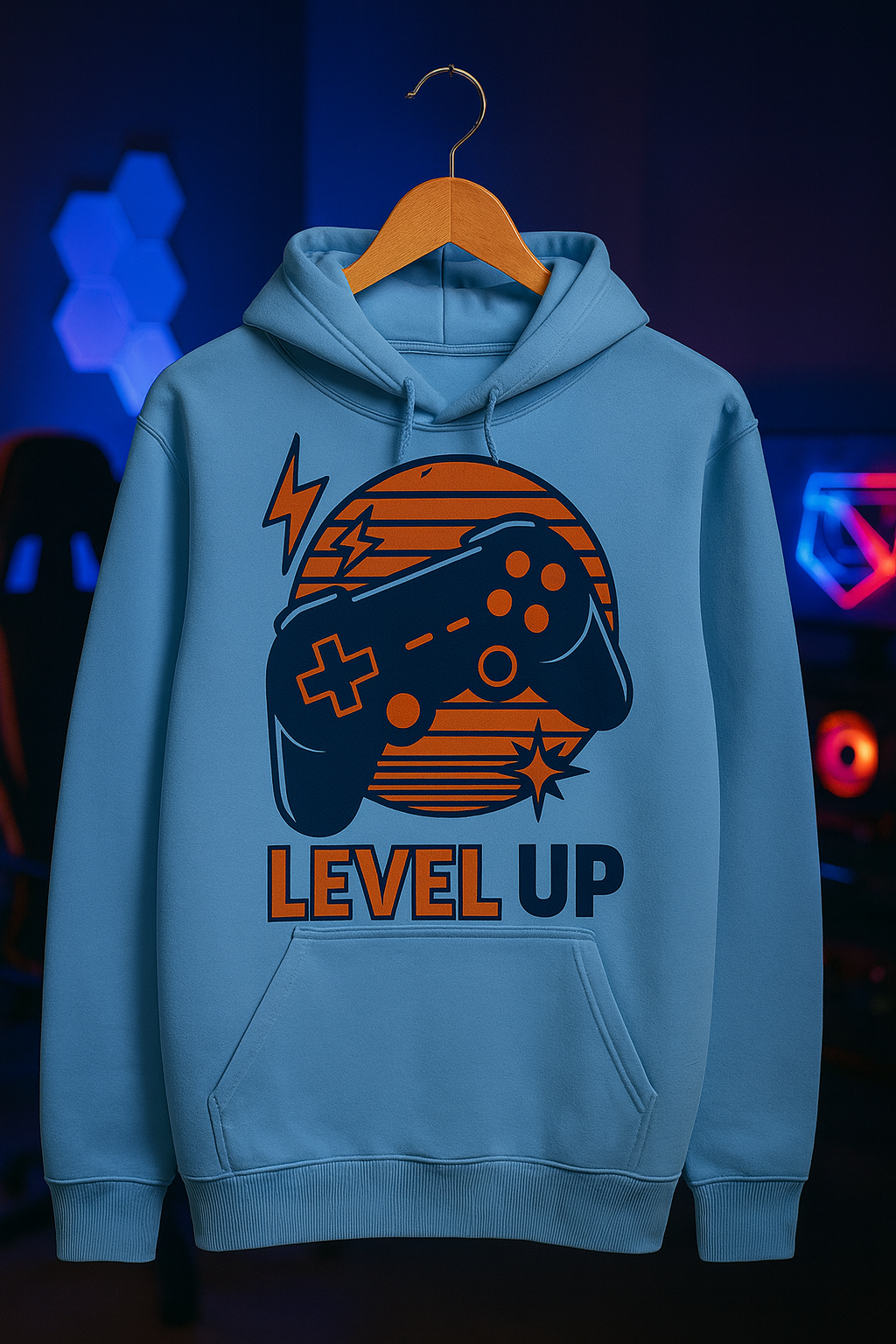 Level Up Retro Gamer Hoodie – Sky Blue Edition