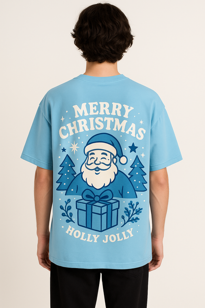Merry Christmas Sky Blue Oversized Tee – Holly Jolly Edition